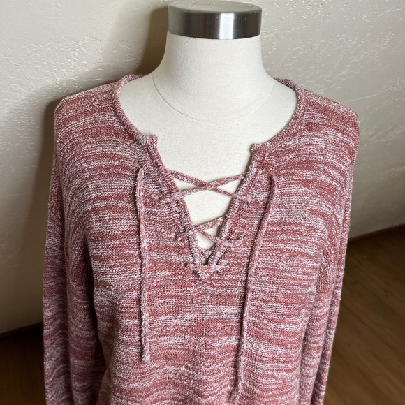 Billabong Sweater Womens Medium Red Tidal Vibes Baja Lace Up Knit - Picture 3 of 7